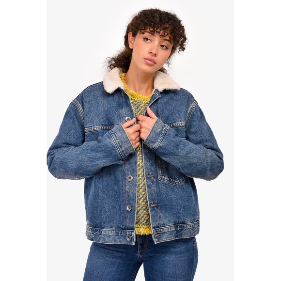 Helmut Lang Women Denim Trucker Jacket with Faux Fur Collar Blue G06HW239 Size S
